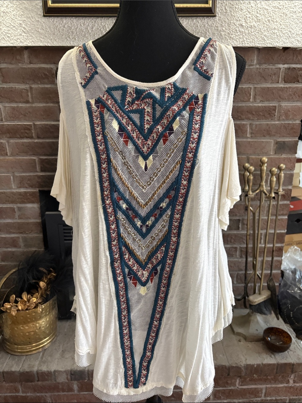 Free People Cream Cold-Shoulder Tunic with Teal, Navy and Rust Embroidery